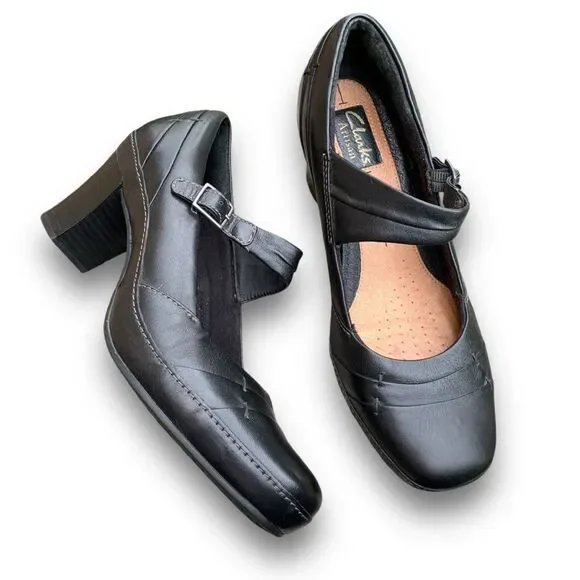 Clarks Active Air Artisan Black Leather Mary Jane Heels Shoes